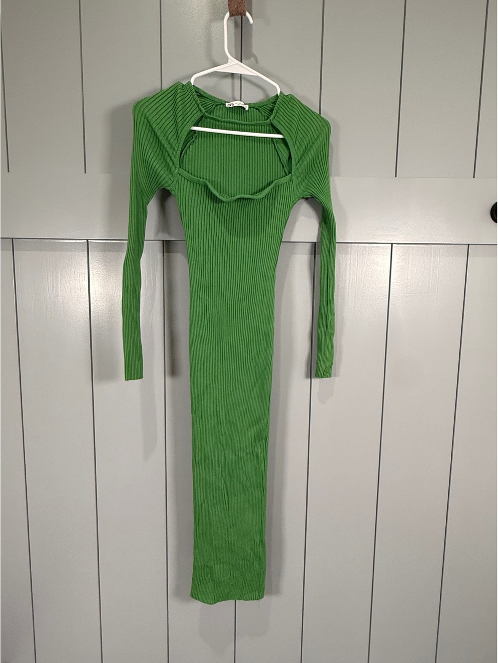 Zara Green Ribbed Long Sleeve Midi Dress Size S